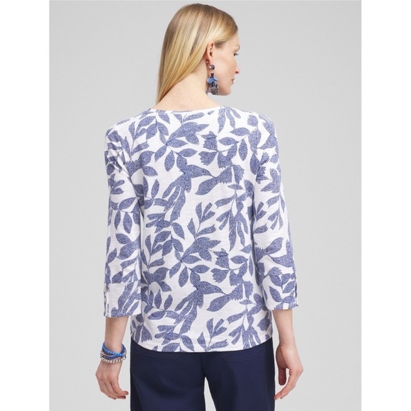 Chico’s Cotton Slub Leaf Print 3/4 Sleeve Button Tee Blue White - Picture 2 of 13